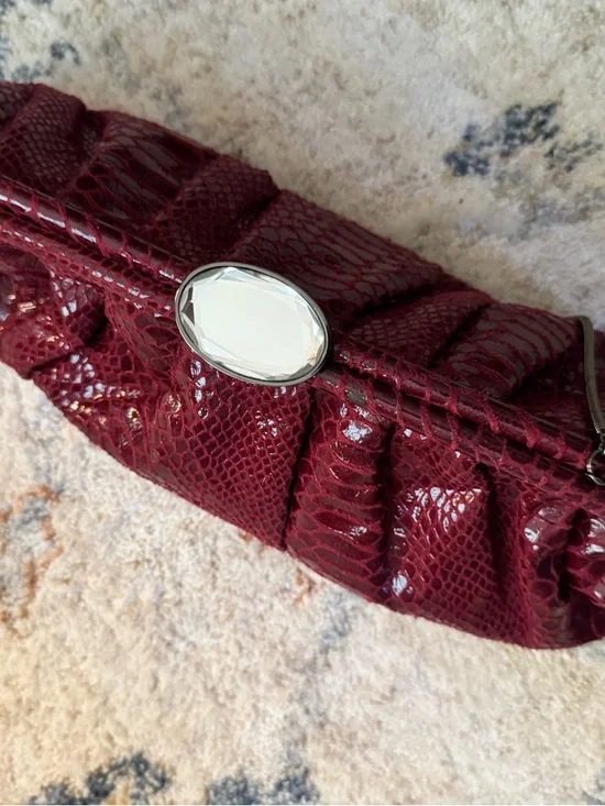 Kate Landry Wine Red Snake-Texture Evening Clutch with Chain Strap - Picture 11 of 13